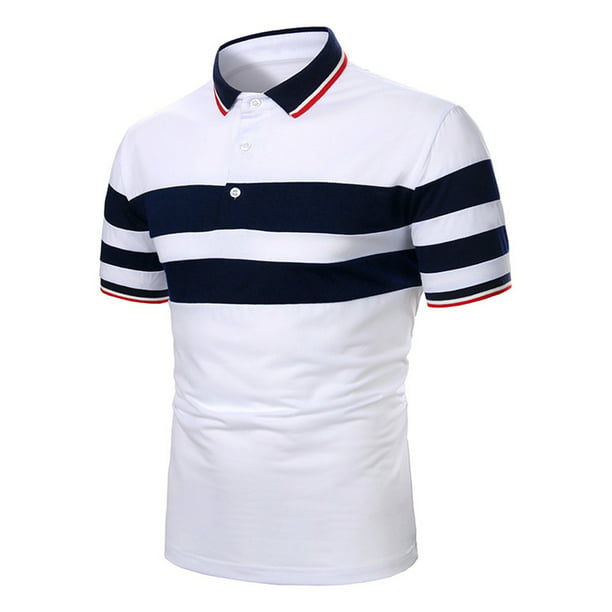 Mens Striped Polo Shirts Collared Rugby T Shirt Summer Tee Short Sleeve S M L XL